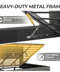 Close-up of the heavy-duty metal frame of King Size Lift Up Storage Bed Frame With Linen Upholstered Wingback Headboard.