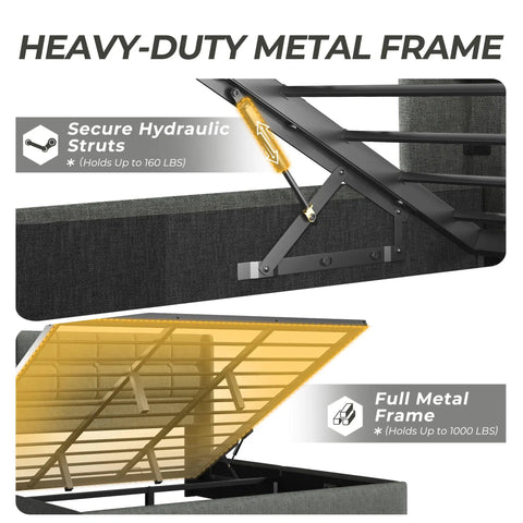 Close-up of the heavy-duty metal frame of King Size Lift Up Storage Bed Frame With Linen Upholstered Wingback Headboard.