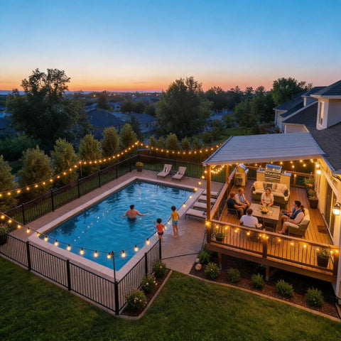 Outdoor string lights 200 ft connectable G40 LED bulbs over pool and patio create cozy vibe in backyard at sunset