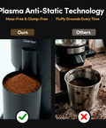 Premium Conical Burr Electric Coffee Grinder With Stepless Adjustment For Smooth Espresso Or Pour Over Brews Featuring Ultra Low Retention Sleek Magnetic Dosing Cup And Quiet Cold Grind Motor To Keep Your Morning Routine Absolutely Fire showing anti-static technology with clean grounds.