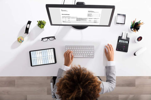 Workspace with computer and Mini Desktop Printing Calculator With Dual Color Printing, Check And Correct, assorted colors