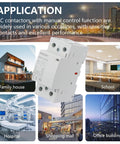 Silent Heavy Duty 40A AC DC Contactor 2 Pole 2NO With 120V Coil showcased in various applications like school and hospital.