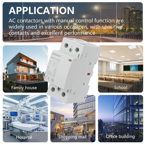 Silent Heavy Duty 40A AC DC Contactor 2 Pole 2NO With 120V Coil showcased in various applications like school and hospital.