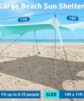 Massive 14 Ft By 11 Ft Beach Shade Canopy With Eight Sandbags, UPF 50+ sun shelter on sandy beach setup, wind resistant, family sized