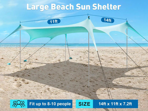 Massive 14 Ft By 11 Ft Beach Shade Canopy With Eight Sandbags, UPF 50+ sun shelter on sandy beach setup, wind resistant, family sized