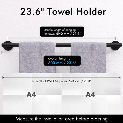 Matte Black Towel Bar Wall Mount For Bathroom And Kitchen No Fuss Easy Install 23.6 Inch Stainless Steel with measurement display