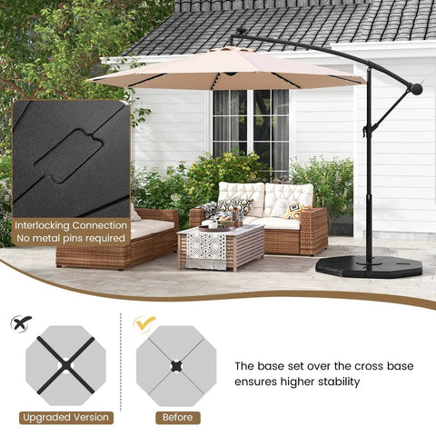 Heavy Duty Cantilever Umbrella Base Set With 4-Piece Hexagonal Water And Sand Fillable Plates For Outdoor Patios Gardens And Poolside 208 Lb Capacity Windproof Stability Cross Base Not Included, shown on patio with furniture.