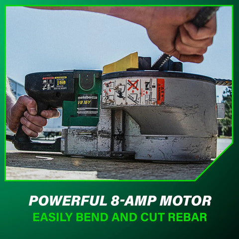 Portable Rebar Bender And Cutter With 8 Amp Pro Motor in action, bending and cutting rebar on construction site