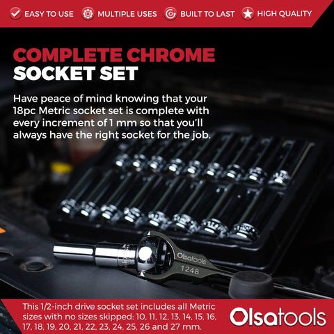 Metric Deep Socket Set One Half Inch Drive 18 Piece 6 Point Chrome Sockets 10mm To 27mm No Skipped Sizes Professional Grade
