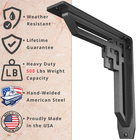 Beefy Heavy Duty Handmade Steel Shelf Brackets 2 Pack With 500 Lb Capacity, wrought iron black 10x10x2 inches, side view