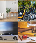 Collage: modern home interior, row of scooters, speeding car, and construction tools with plans. One Button One-Click Release Nylon Cable Tie Buckles Set 20 50 100 200 Pcs Heavy Duty Self Locking Zip Ties For Universal Car, Truck, And Home Use Multipurpose Plastic Tie Tool For Quick Securement And DIY Auto Repairs not shown.