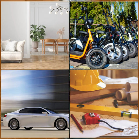 Collage: modern home interior, row of scooters, speeding car, and construction tools with plans. One Button One-Click Release Nylon Cable Tie Buckles Set 20 50 100 200 Pcs Heavy Duty Self Locking Zip Ties For Universal Car, Truck, And Home Use Multipurpose Plastic Tie Tool For Quick Securement And DIY Auto Repairs not shown.