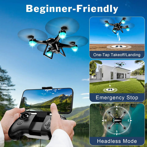 Beginner Friendly Drone With 1080P Camera And Remote Control Quadcopter For Easy Aerial Photos featuring remote, takeoff, headless mode.