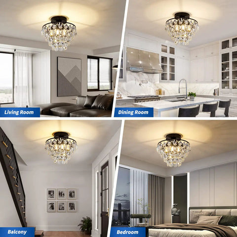 Modern Small Crystal Ceiling Light Fixture In Matte Black Semi Flush Mount Mini Chandeliers For Hallways