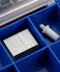 Top Shelf 30 Piece Window Shutter Repair Pin And Slat Clip Kit For Wood And Venetian Blinds showing pegs and metal slats in blue organizer.