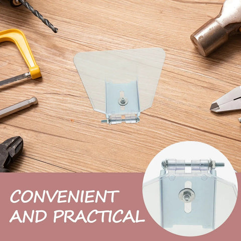 Two Pack Bench Grinder Shield Eye Protector on workbench with tools, pro grade heavy duty stainless steel and ABS guard attachment.