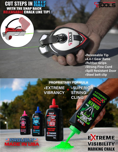 Person using Mean Green Ultra Fine Marking Chalk For Chalklines 10 Oz Hydrophobic Construction Chalk with extreme visibility.