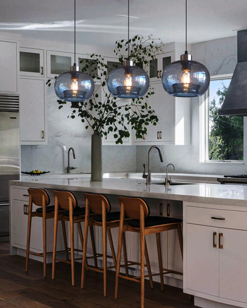 Hand Blown Marble Blue Glass Pendant Light For Kitchen Island Over Dining Table Dope Modern Farmhouse Globe Eight Point Seven Inch Ceiling Fixture In Brushed Nickel Finish With Easy Install And Balanced Hanging.