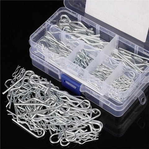 R Clip Hairpin Style Cotter Pin Kit with 300 to 400 pieces in clear case, heavy-duty steel wave shape split clips