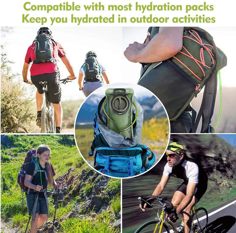 Collage of hikers and cyclists using 2L Hydration Bladder For Hiking Backpacks And Running Gear BPA Free Leak Proof Water Reservoir
