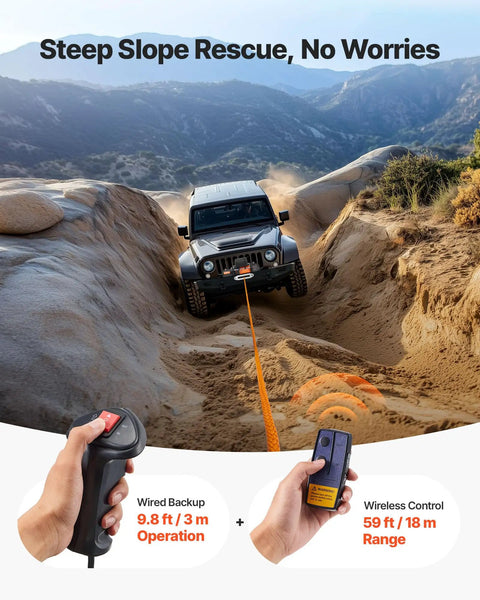 Beefy 13,500 Lb Electric Winch For Off Road Rigs And Trucks 12V DC pulling Jeep uphill with remote controls visible