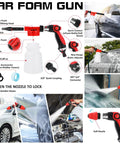 Pro Grade 42 Piece Car Wash Kit With Foam Gun Sprayer showing features and usage on different car surfaces.