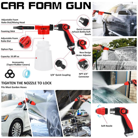 Pro Grade 42 Piece Car Wash Kit With Foam Gun Sprayer showing features and usage on different car surfaces.