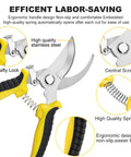 Close-up of ergonomic yellow and black handle on stainless steel garden shears with focus on safety lock and spring mechanism
