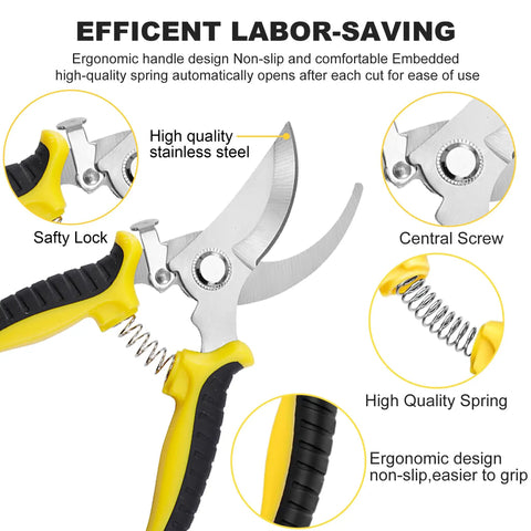 Close-up of ergonomic yellow and black handle on stainless steel garden shears with focus on safety lock and spring mechanism