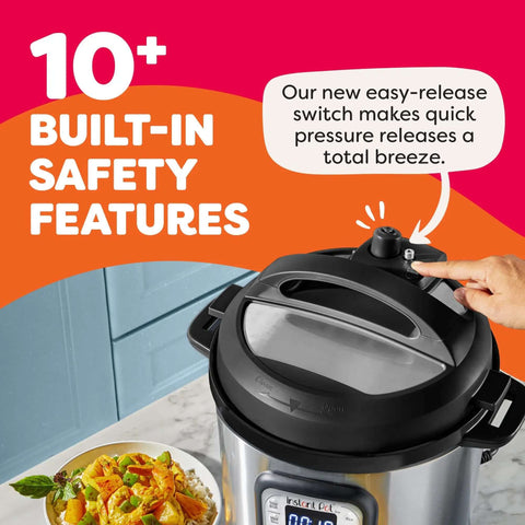 Hand demonstrating safe steam release on 7 In 1 Electric Pressure Cooker With App, shows built-in safety features.