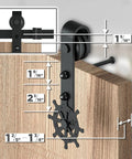Helmsman 8 Ft Heavy Duty Wood Sliding Barn Door Hardware Kit with black wheel hanger and measurements for easy installation.