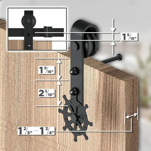 Helmsman 8 Ft Heavy Duty Wood Sliding Barn Door Hardware Kit with black wheel hanger and measurements for easy installation.