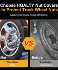 Comparison of semi truck wheels with Chrome ABS Lug Nut Covers For Semi Trucks Spike Style Thread On Caps 32mm And 33mm Rust Resistant 40 Pack Mirror Finish Easy Fit Protect Nut Hardware From Rust And Dirt installed and without.