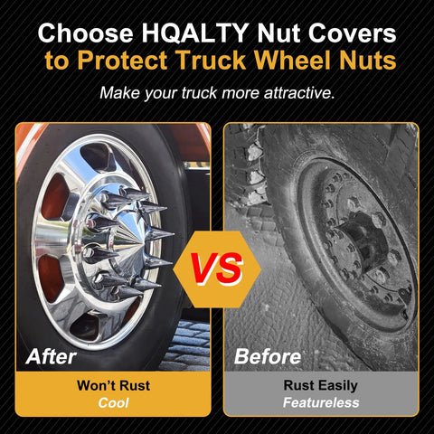 Comparison of semi truck wheels with Chrome ABS Lug Nut Covers For Semi Trucks Spike Style Thread On Caps 32mm And 33mm Rust Resistant 40 Pack Mirror Finish Easy Fit Protect Nut Hardware From Rust And Dirt installed and without.