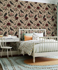 Peel And Stick Wallpaper Featuring Crow And Floral Design Self Adhesive Wallcovering For Fast Room Refresh in a bedroom setting.