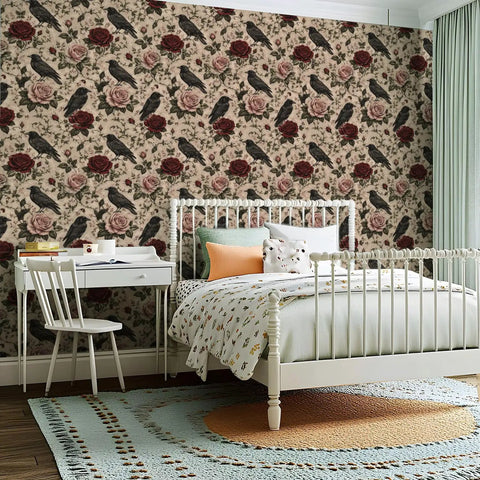 Peel And Stick Wallpaper Featuring Crow And Floral Design Self Adhesive Wallcovering For Fast Room Refresh in a bedroom setting.