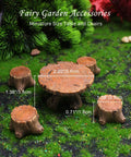 Totally Adorable Miniature Fairy Garden Furniture Set With Resin Table And Four Stump Seats on green landscape