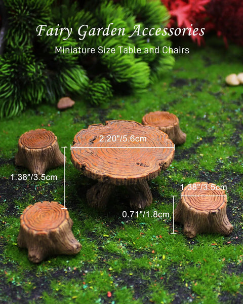 Totally Adorable Miniature Fairy Garden Furniture Set With Resin Table And Four Stump Seats on green landscape