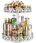 12 Inch 2 Tier Lazy Susan Turntable Organizer Adjustable Height with spices, oils, and jars, designed for kitchen countertop organization.