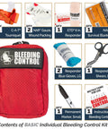 Front view of red NAR Bleeding Control Kit bag with CAT tourniquet, gauze, ETD, gloves, blanket, scissors, marker.