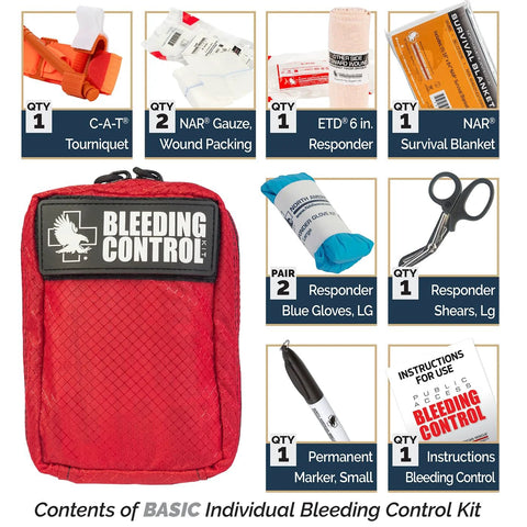 Front view of red NAR Bleeding Control Kit bag with CAT tourniquet, gauze, ETD, gloves, blanket, scissors, marker.