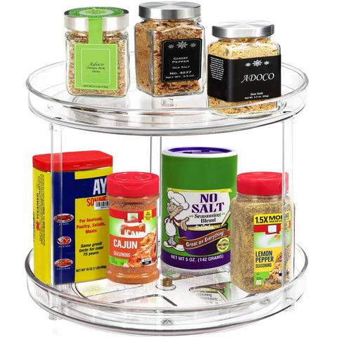 Two Tier Lazy Susan Turntable Organizer For Bathroom And Vanity, Clear 9.25 Inch Rotating Makeup Organizer For Skincare Perfume And Spice Storage, Smooth 360 Degree Spin, Non Slip, Sturdy Cabinet Organizer