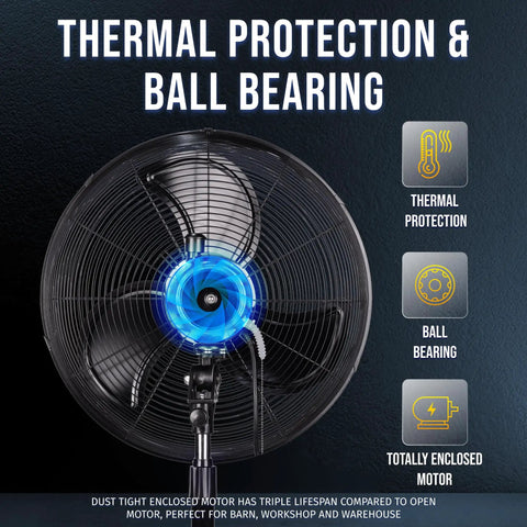 20 Inch High Velocity Pedestal Fan With Oscillating Motion Industrial Grade 5250 CFM Water Resistant Heavy Duty Metal Stand