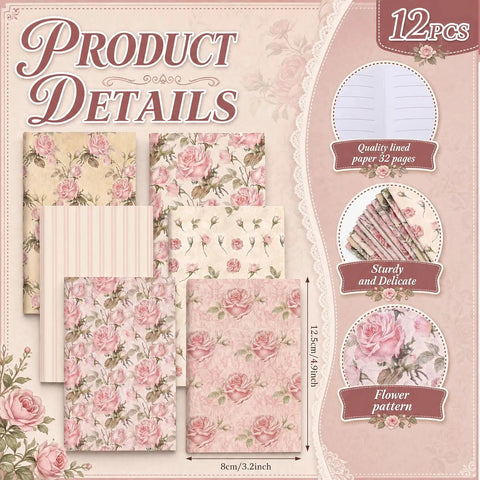 Floral Rose Pink Pen And Notepad Gift Set With 12 Flower Ballpoint Pens And 12 Pretty Notepads showing floral designs, 12.5cm x 8cm.