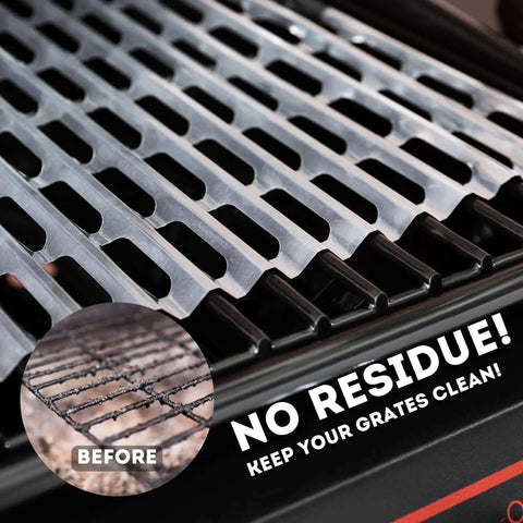 Disposable Aluminum Grill Liners And Grill Toppers For Easy Cleanup And Grate Protection on a grill with 'No Residue' text