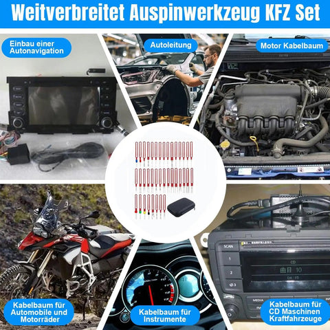 Pin Removal Tool Kit For Automotive Wiring And Repair, 38-piece set displayed with various automotive applications.