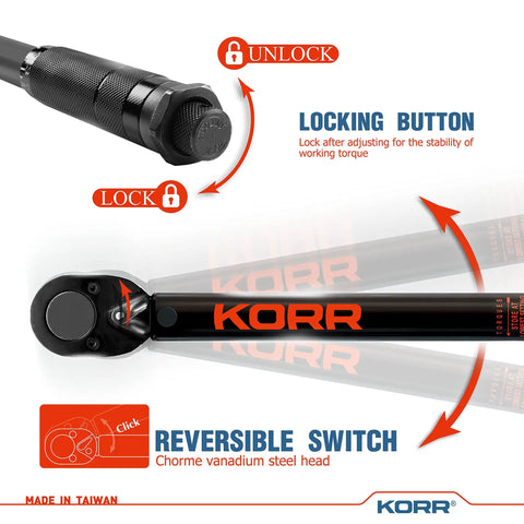 3/8 Inch Drive Click Torque Wrench With 5-80 Ft-Lb Range featuring locking button and reversible chrome vanadium steel head.