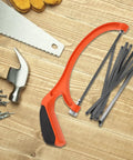 Built Tough Portable Mini Hacksaw Featuring Thickened Carbon Steel Blade And Ten Spare Replacements for cutting wood and metal.