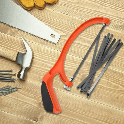 Built Tough Portable Mini Hacksaw Featuring Thickened Carbon Steel Blade And Ten Spare Replacements for cutting wood and metal.