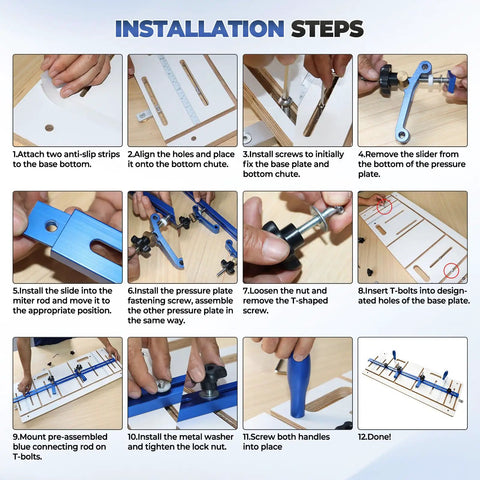 Installation steps for Top Tier Taper And Straight Line Jig For Table Saws with detailed images of assembly process.